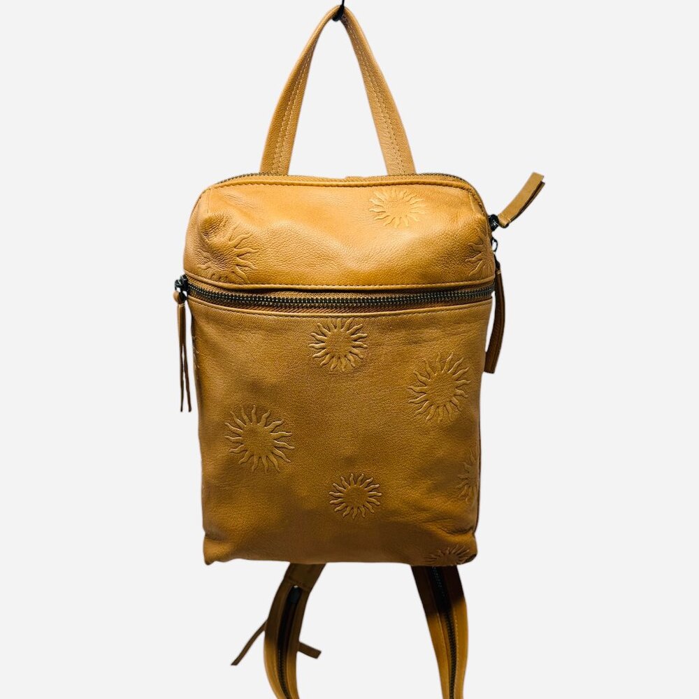 NWT Free People Break of Dawn 100% Leather Backpack Cognac Tan Tooled Sun